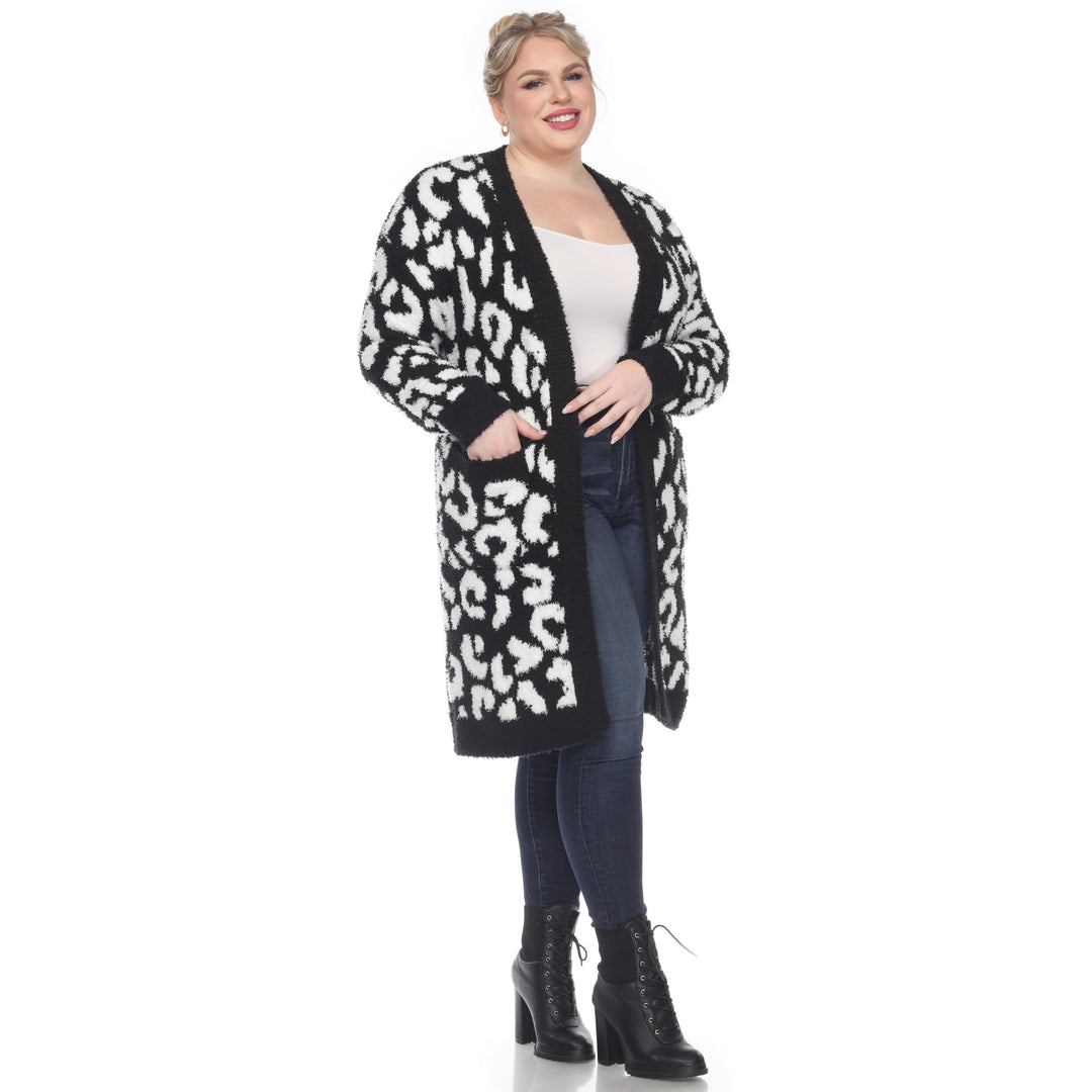 Women's Plus Size Leopard Print Open Front Sherpa Coat
