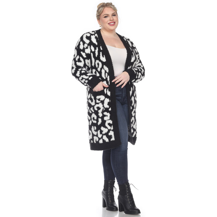 Women's Plus Size Leopard Print Open Front Sherpa Coat
