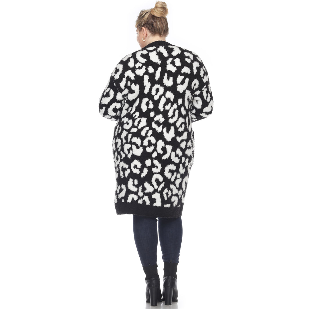 Women's Plus Size Leopard Print Open Front Sherpa Coat