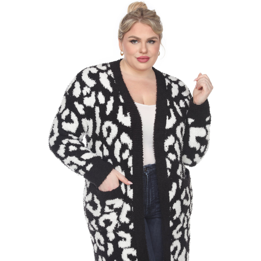 Women's Plus Size Leopard Print Open Front Sherpa Coat