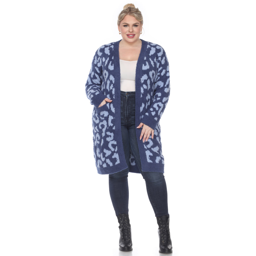 Women's Plus Size Leopard Print Open Front Sherpa Coat