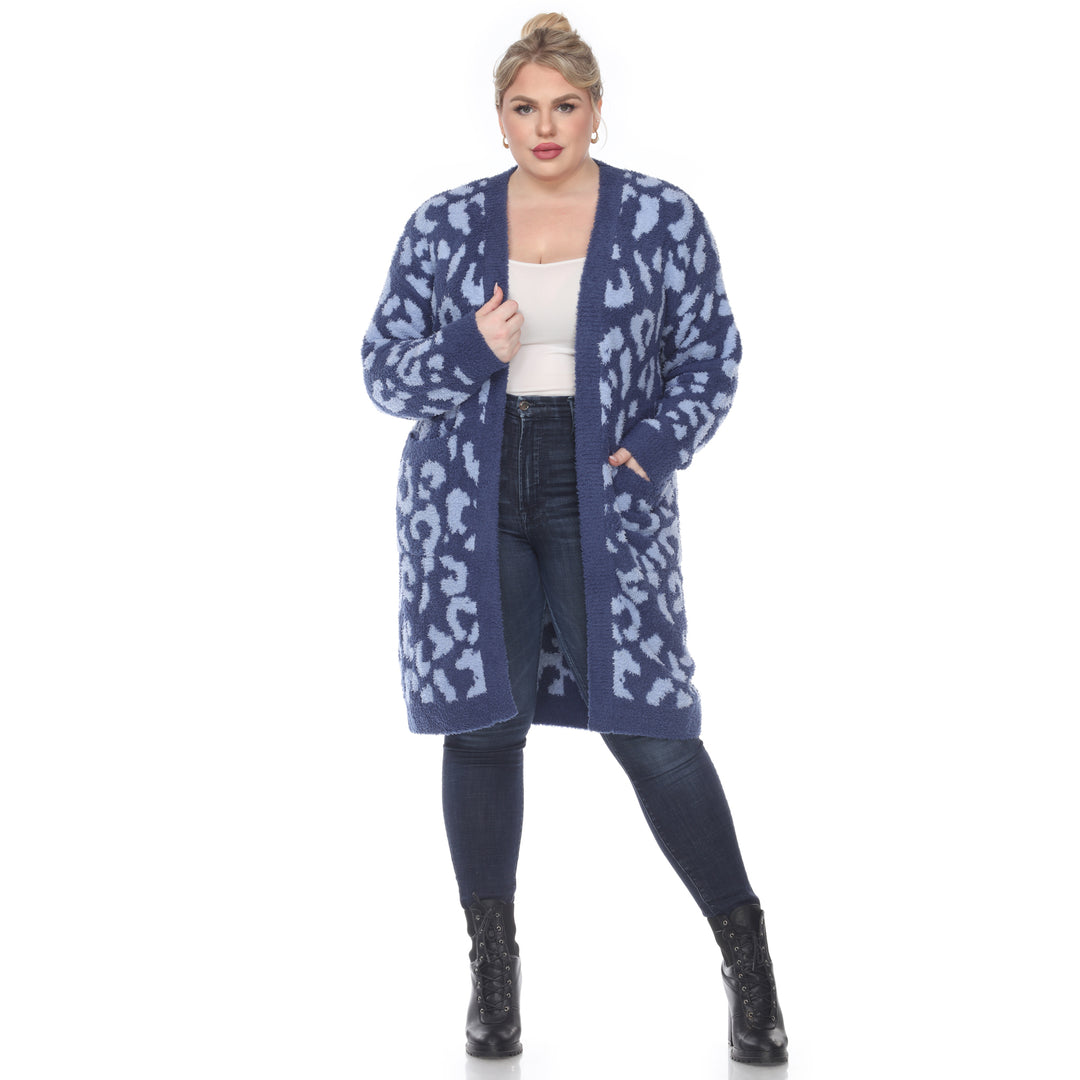Women's Plus Size Leopard Print Open Front Sherpa Coat