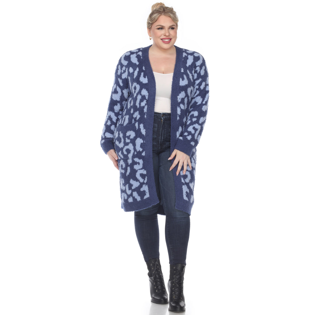 Women's Plus Size Leopard Print Open Front Sherpa Coat