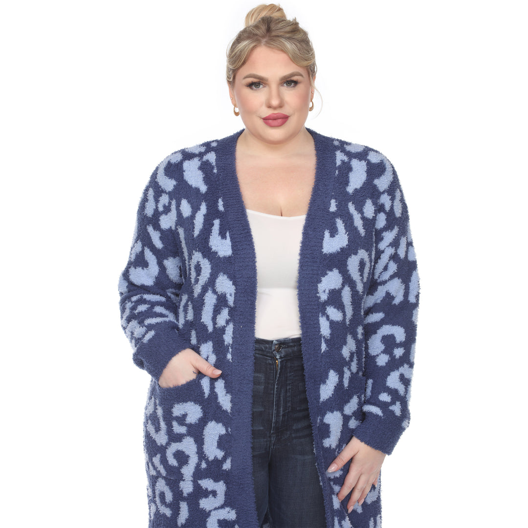 Women's Plus Size Leopard Print Open Front Sherpa Coat