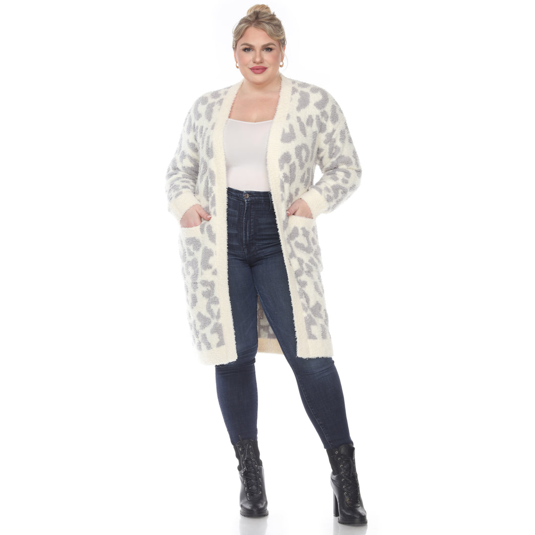 Women's Plus Size Leopard Print Open Front Sherpa Coat