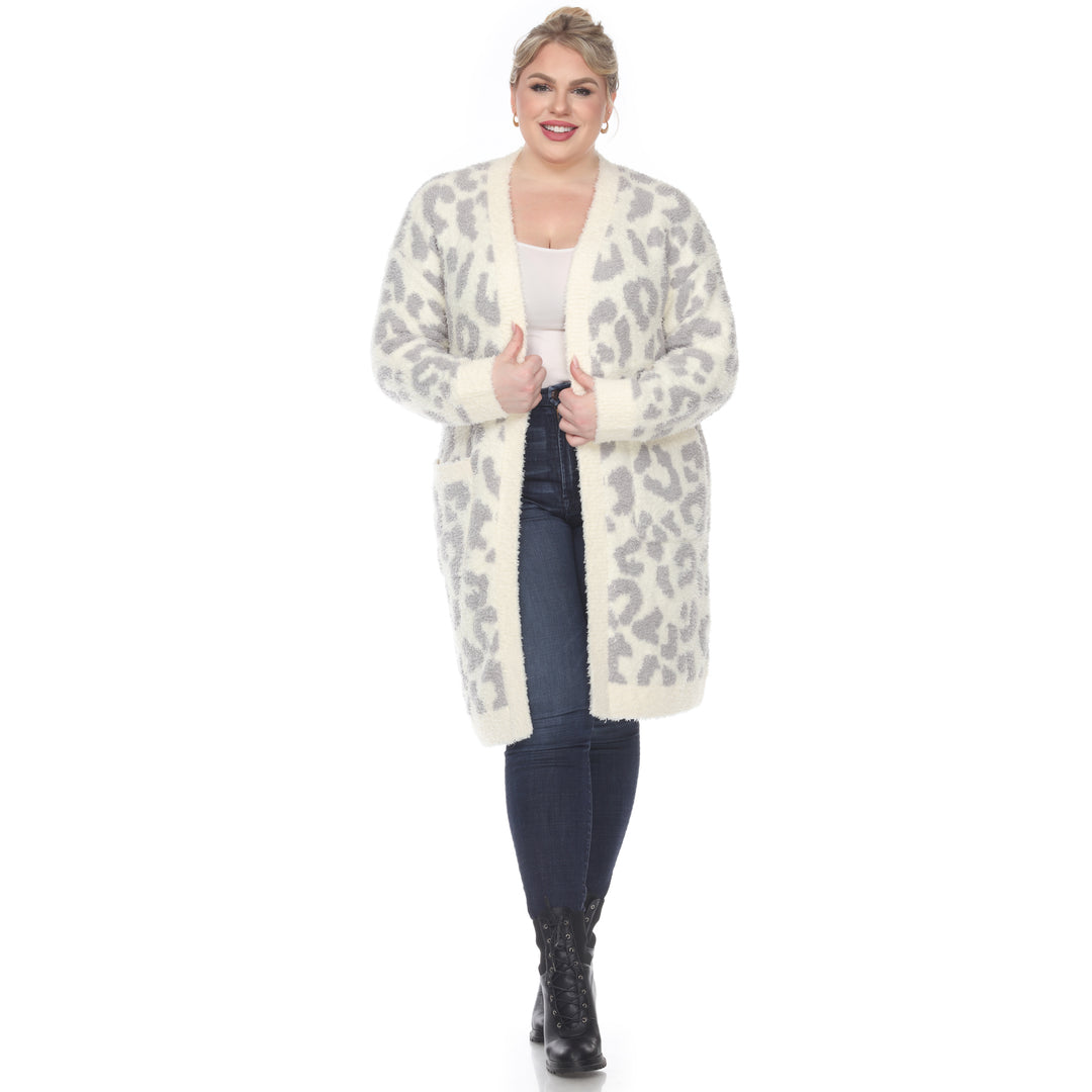 Women's Plus Size Leopard Print Open Front Sherpa Coat