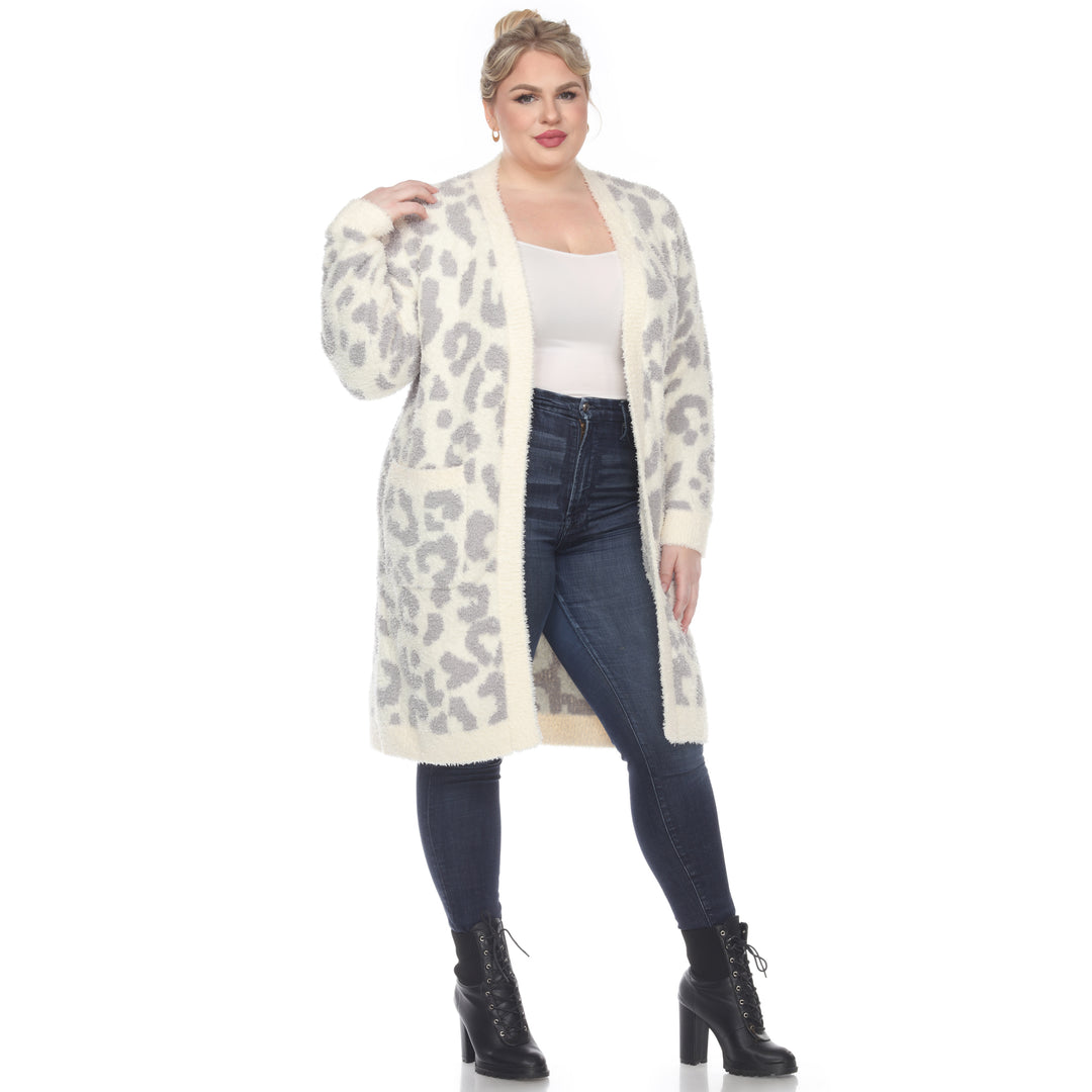Women's Plus Size Leopard Print Open Front Sherpa Coat