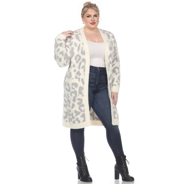 Women's Plus Size Leopard Print Open Front Sherpa Coat