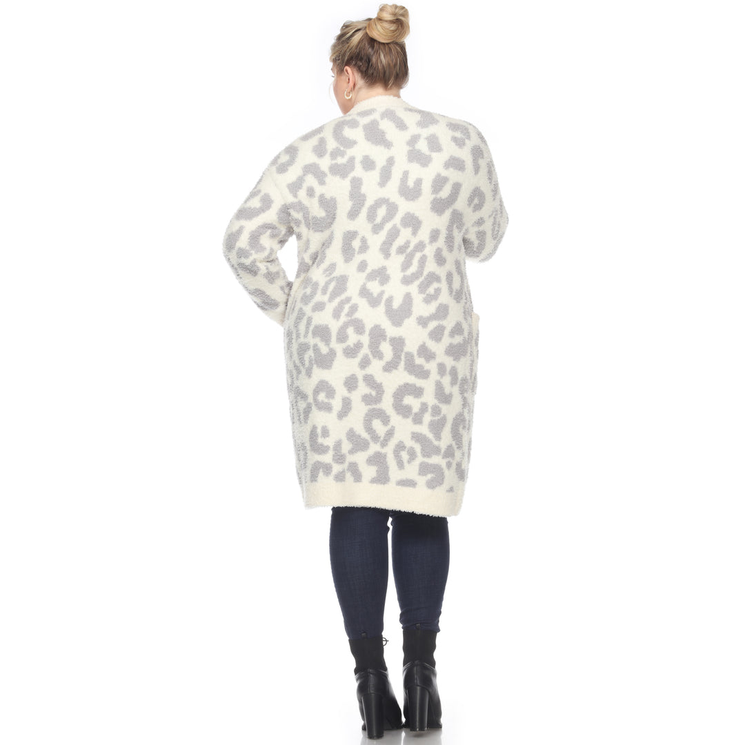 Women's Plus Size Leopard Print Open Front Sherpa Coat