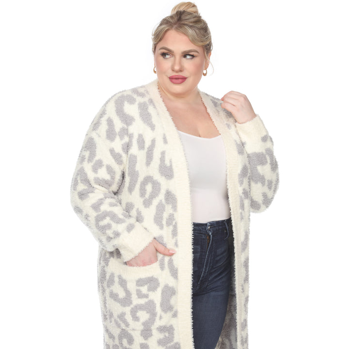 Women's Plus Size Leopard Print Open Front Sherpa Coat