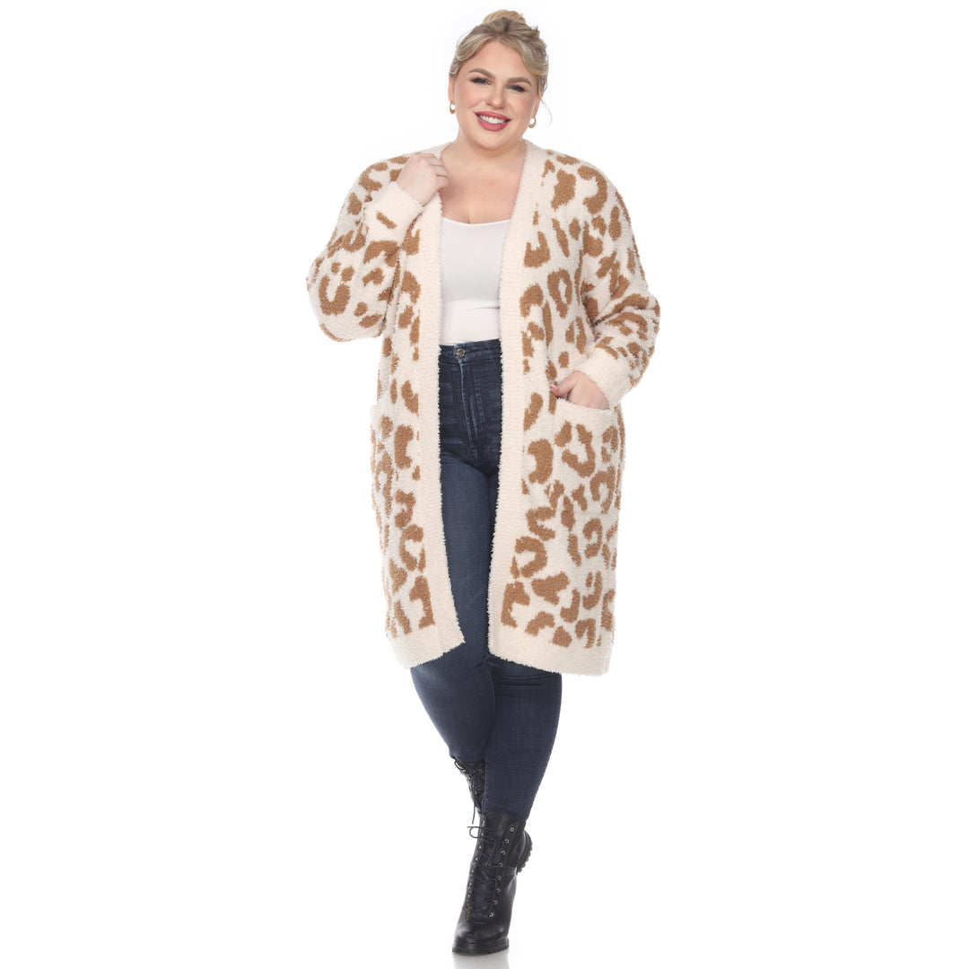 Women's Plus Size Leopard Print Open Front Sherpa Coat