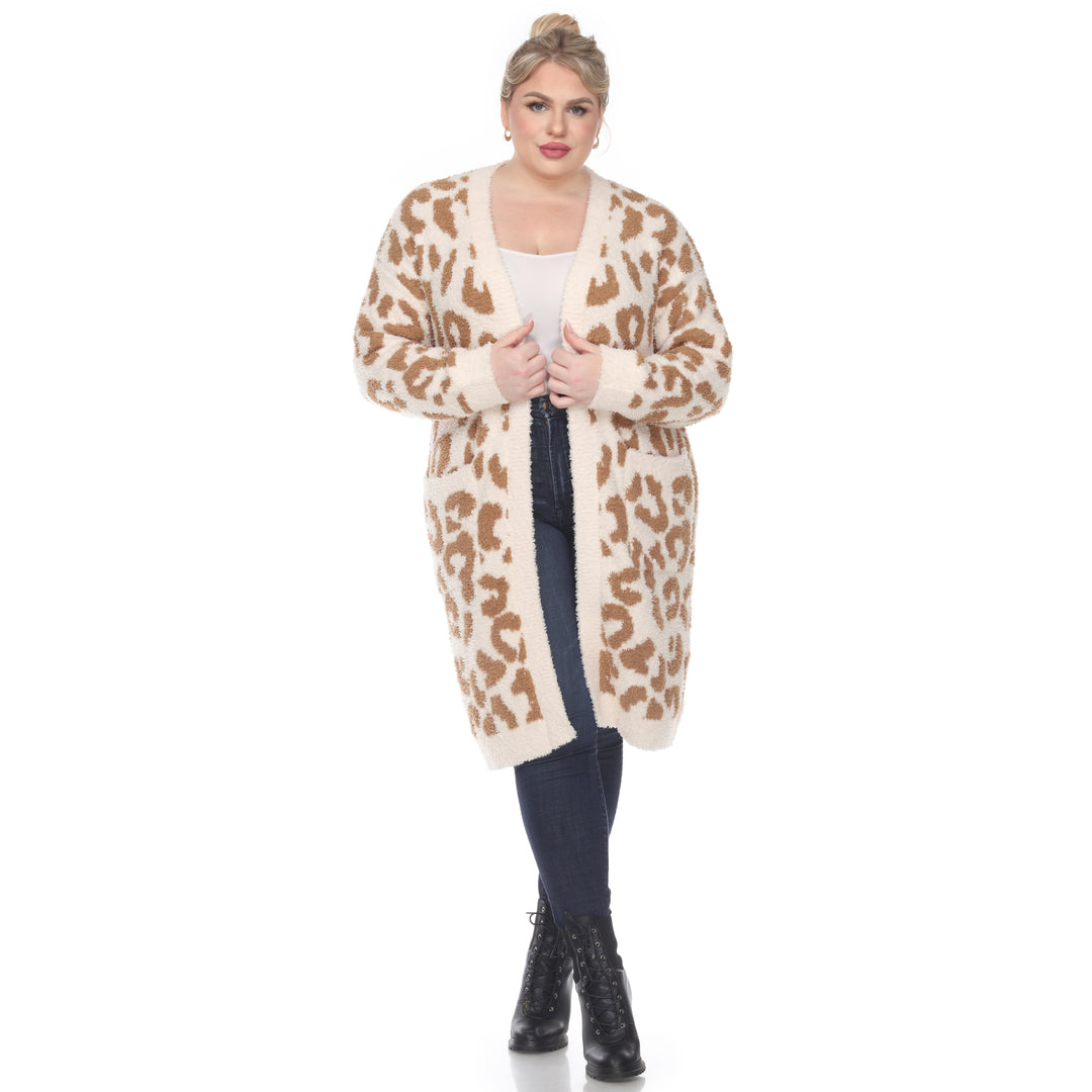 Women's Plus Size Leopard Print Open Front Sherpa Coat