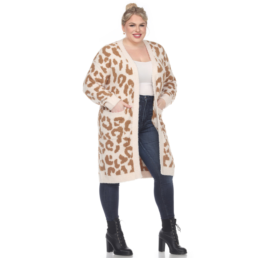 Women's Plus Size Leopard Print Open Front Sherpa Coat
