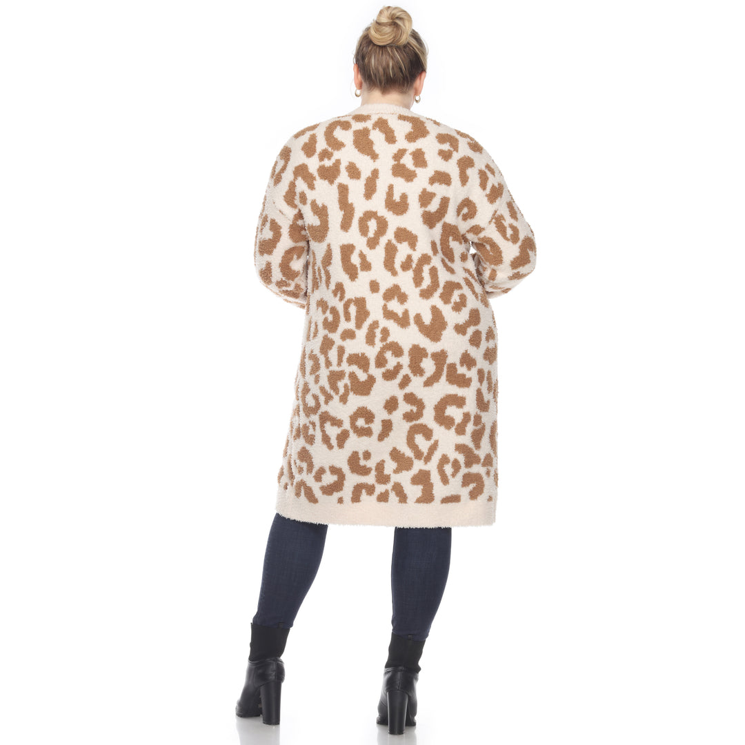 Women's Plus Size Leopard Print Open Front Sherpa Coat