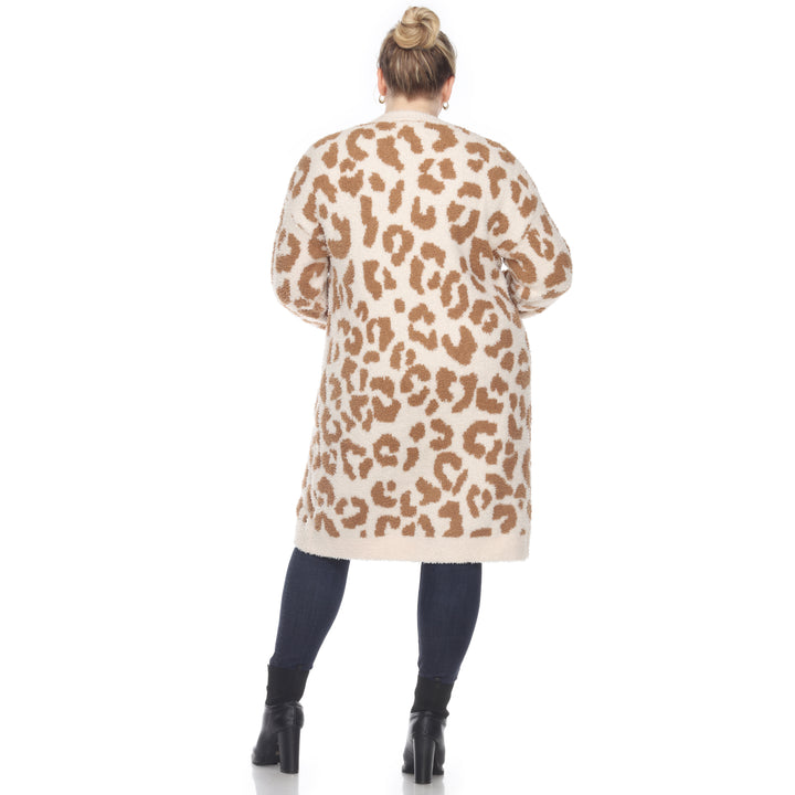 Women's Plus Size Leopard Print Open Front Sherpa Coat