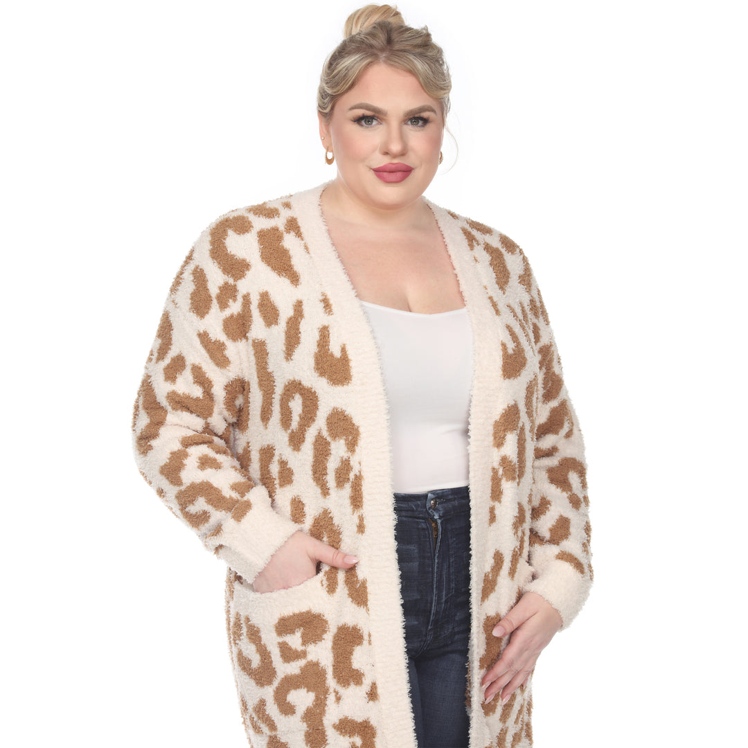 Women's Plus Size Leopard Print Open Front Sherpa Coat