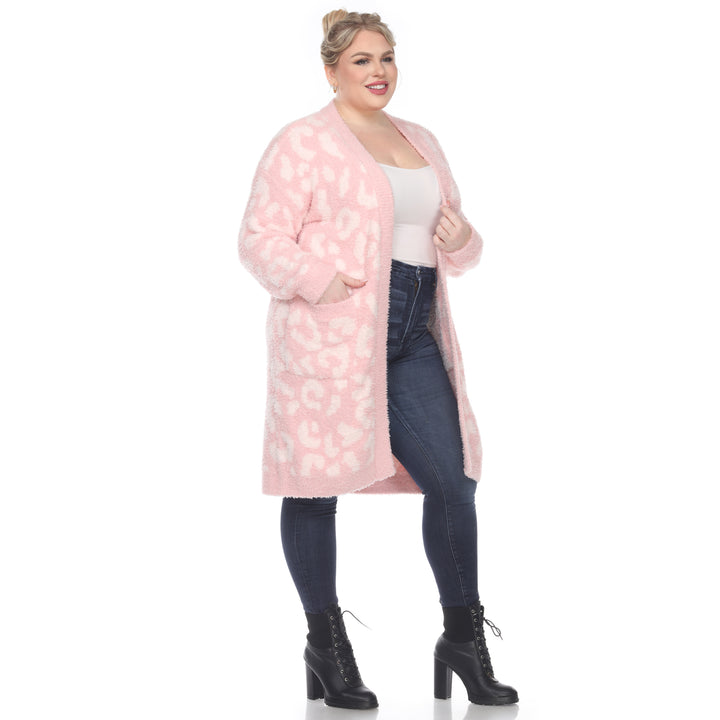 Women's Plus Size Leopard Print Open Front Sherpa Coat