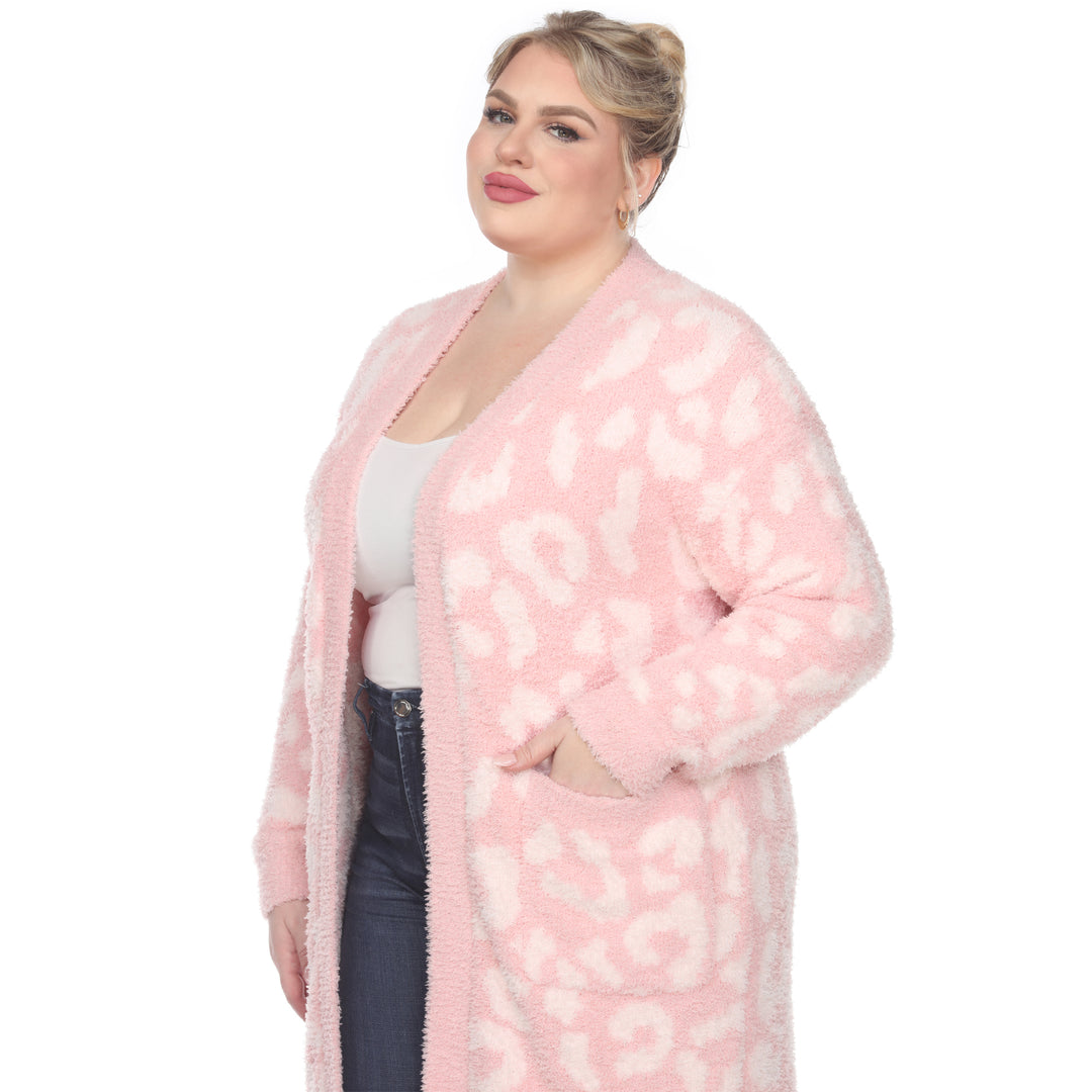 Women's Plus Size Leopard Print Open Front Sherpa Coat