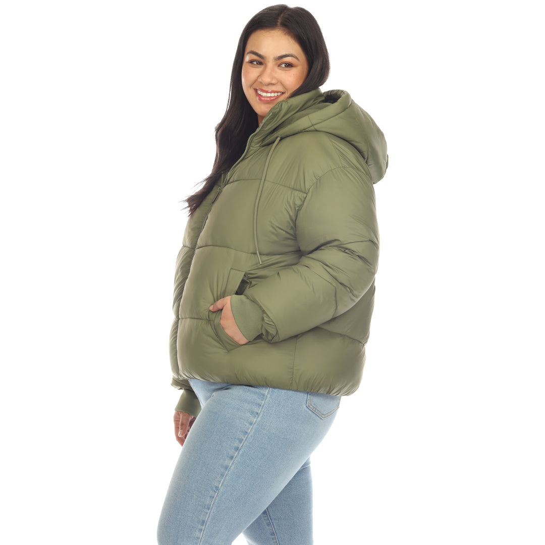 Women's Plus Size Full Front Zip Hooded Bomber Puffer Coat