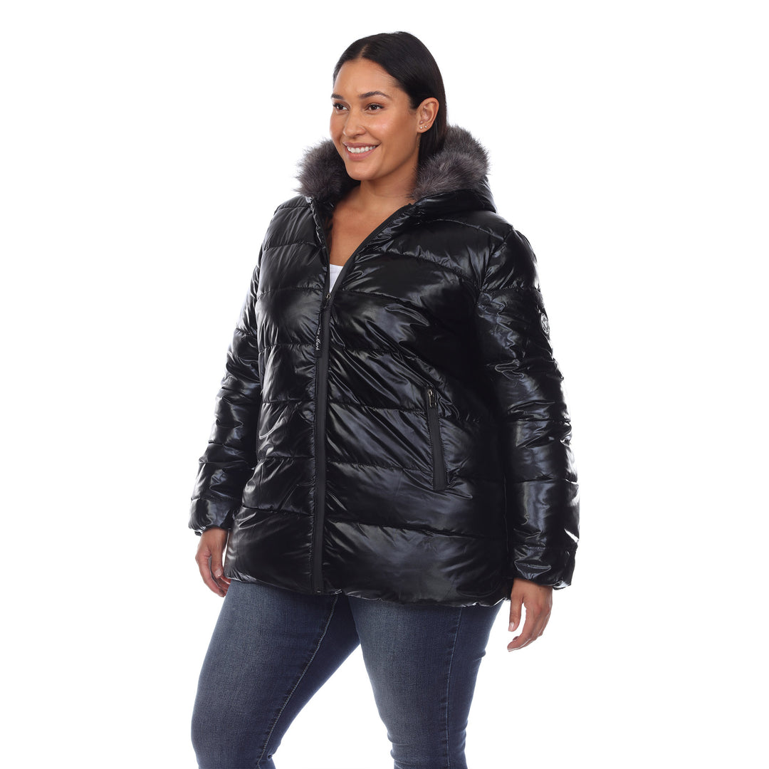 Women's Plus Size Metallic Puffer Coat with Hoodie