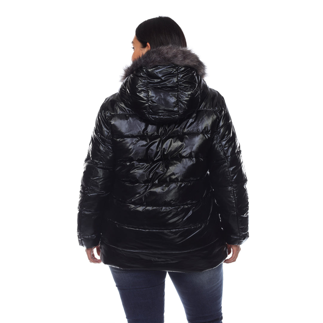 Women's Plus Size Metallic Puffer Coat with Hoodie