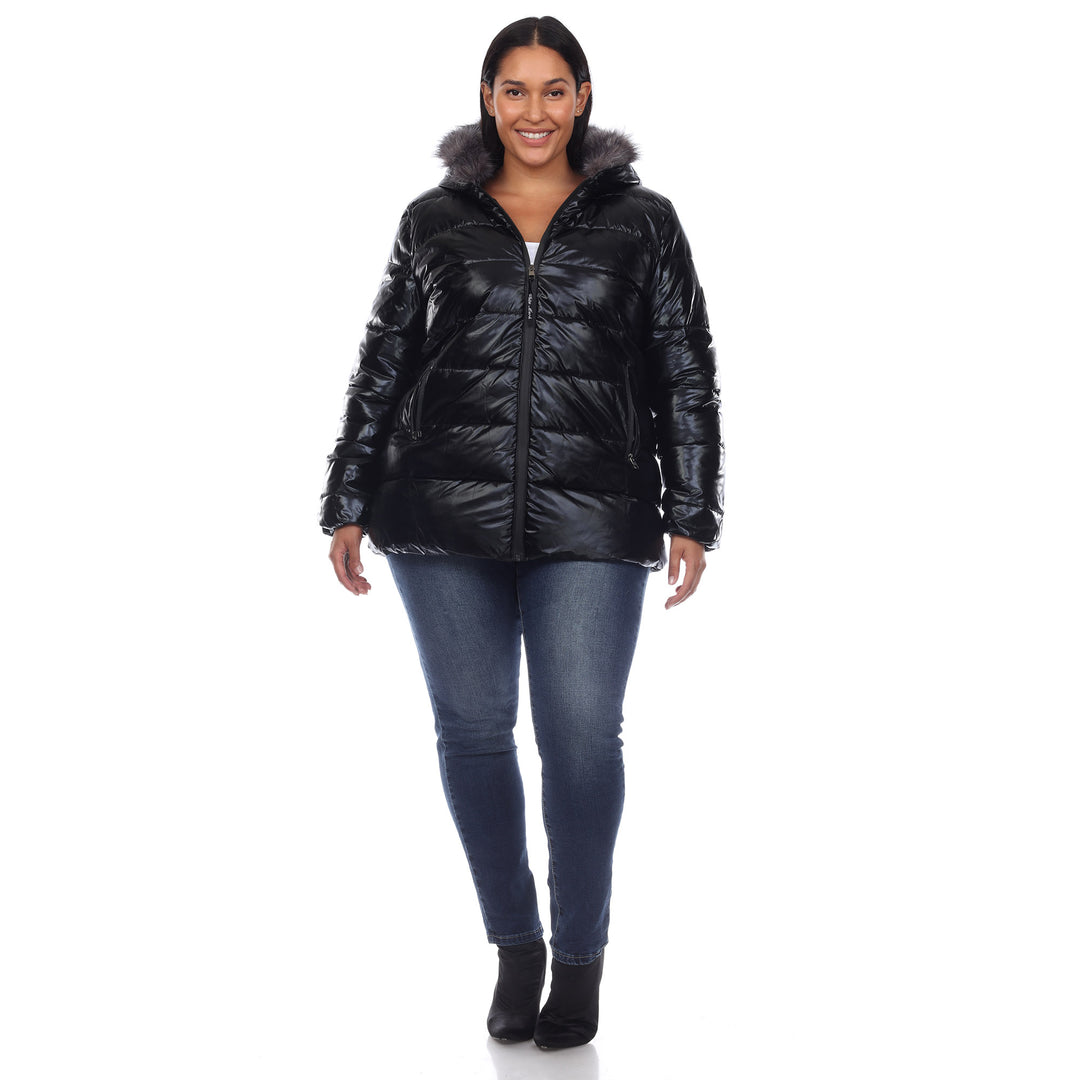 Women's Plus Size Metallic Puffer Coat with Hoodie