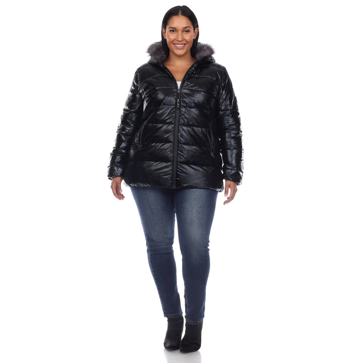 Women's Plus Size Metallic Puffer Coat with Hoodie