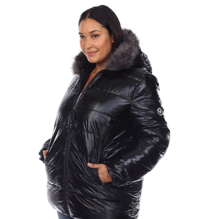Women's Plus Size Metallic Puffer Coat with Hoodie