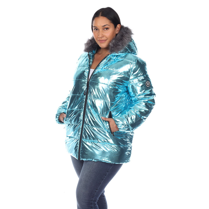 Women's Plus Size Metallic Puffer Coat with Hoodie