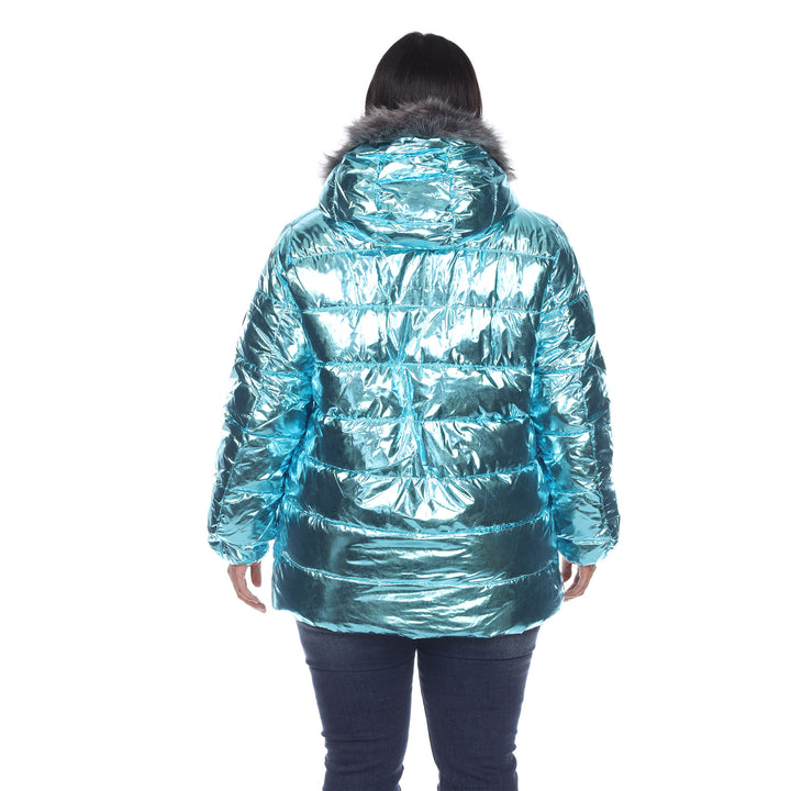 Women's Plus Size Metallic Puffer Coat with Hoodie