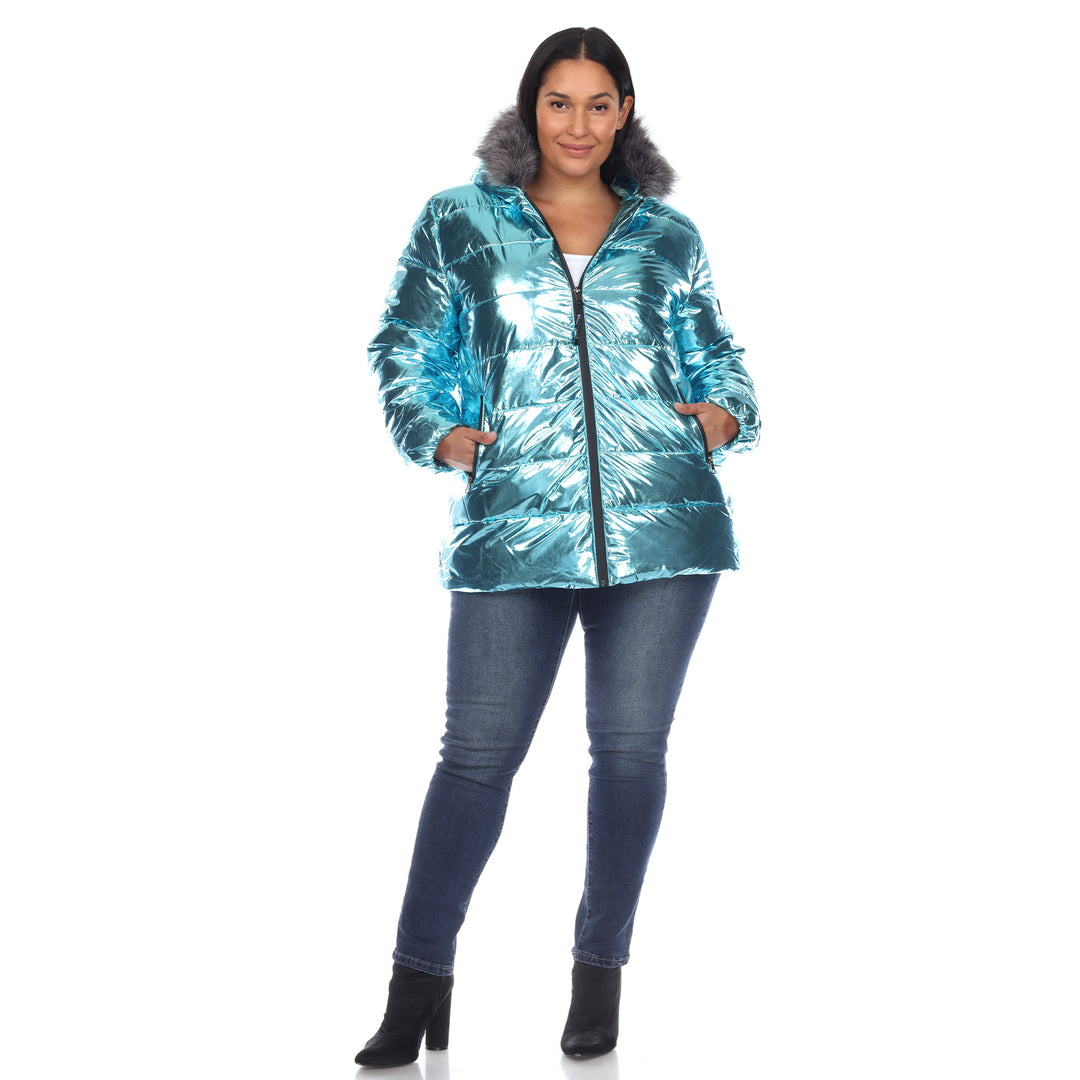 Women's Plus Size Metallic Puffer Coat with Hoodie