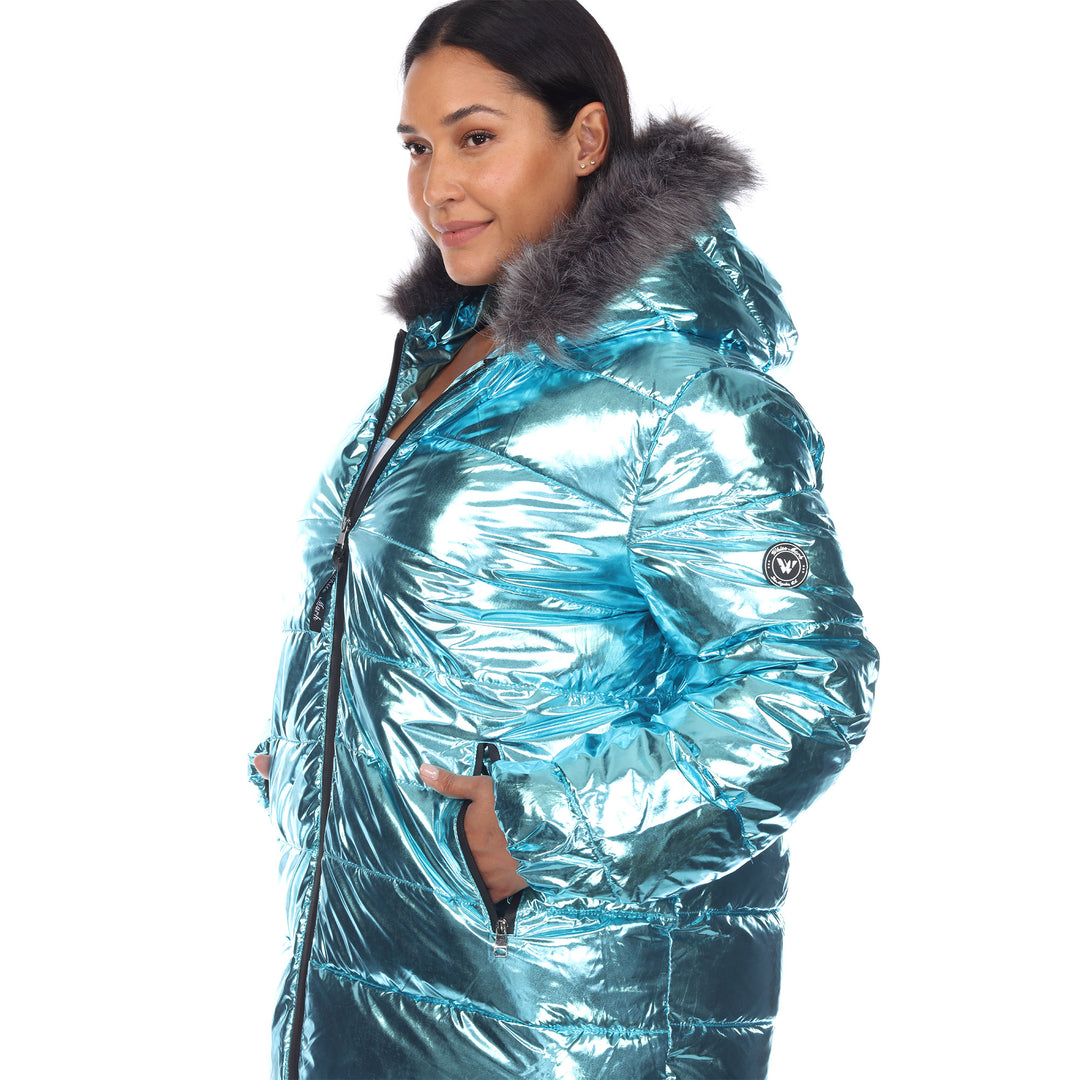 Women's Plus Size Metallic Puffer Coat with Hoodie
