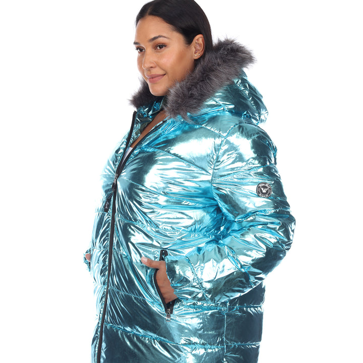 Women's Plus Size Metallic Puffer Coat with Hoodie