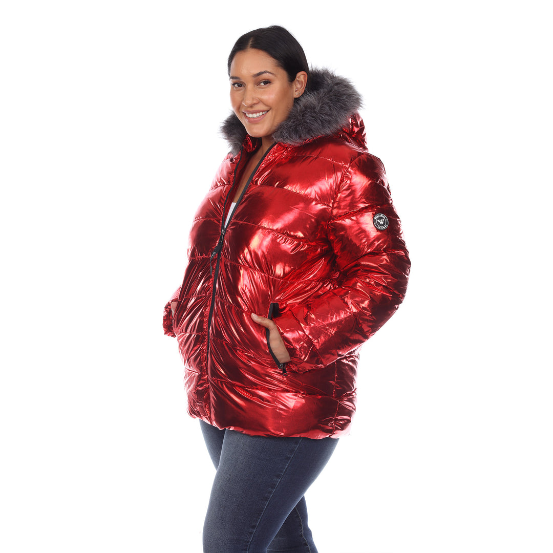 Women's Plus Size Metallic Puffer Coat with Hoodie