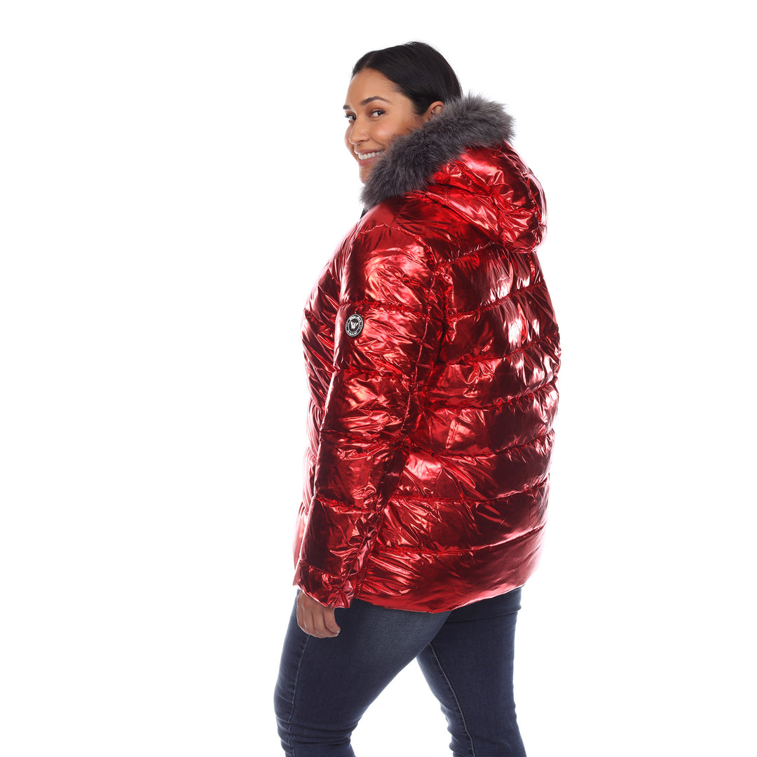 Women's Plus Size Metallic Puffer Coat with Hoodie