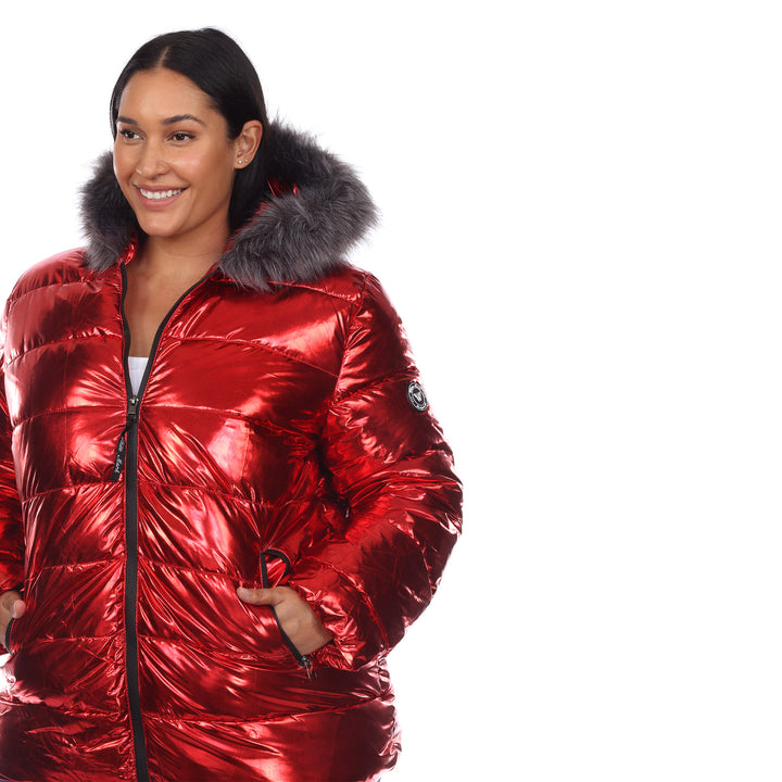 Women's Plus Size Metallic Puffer Coat with Hoodie
