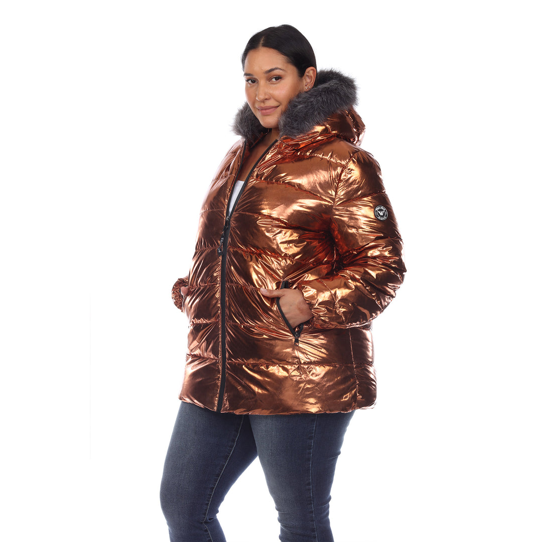 Women's Plus Size Metallic Puffer Coat with Hoodie