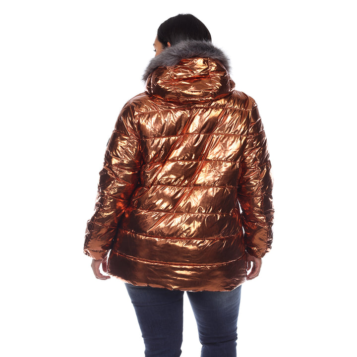 Women's Plus Size Metallic Puffer Coat with Hoodie