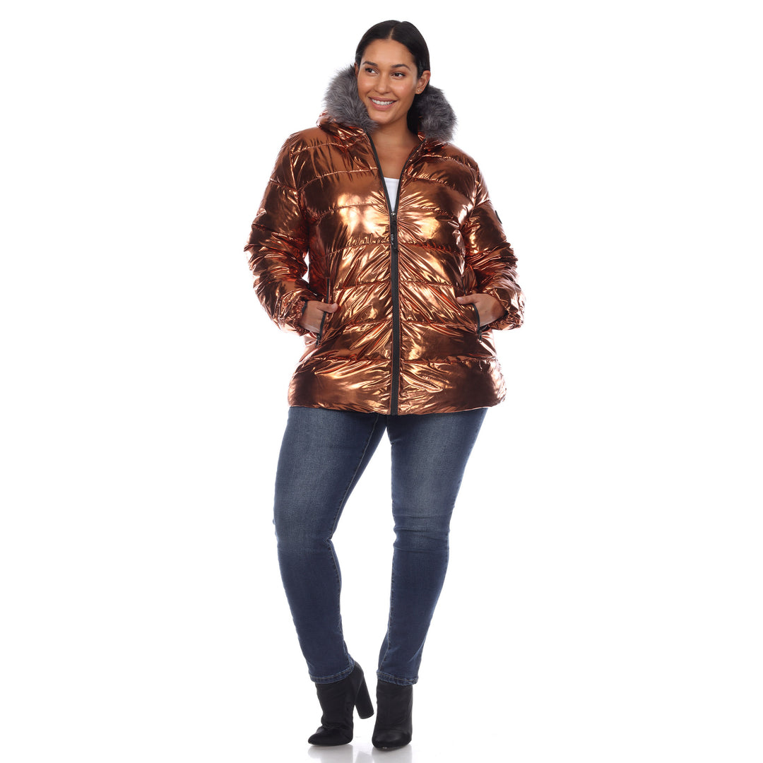 Women's Plus Size Metallic Puffer Coat with Hoodie