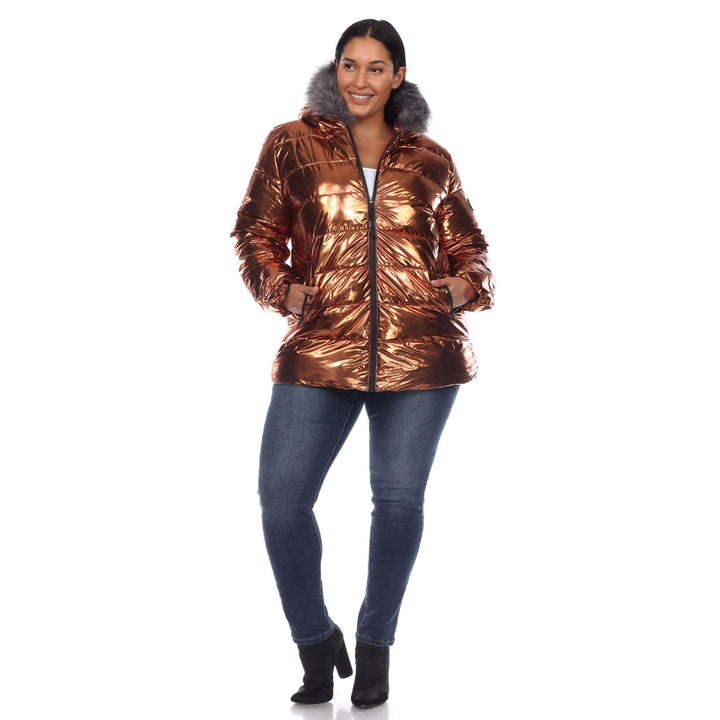 Women's Plus Size Metallic Puffer Coat with Hoodie