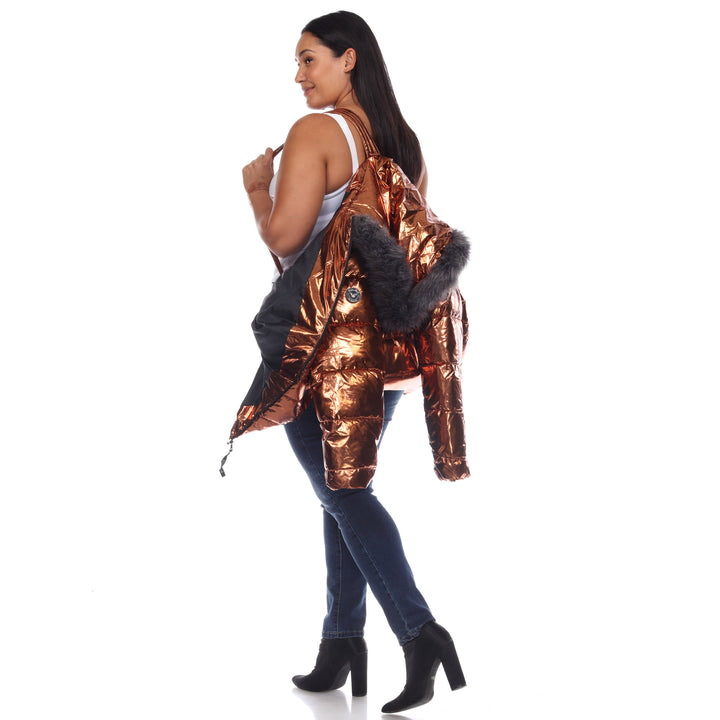 Women's Plus Size Metallic Puffer Coat with Hoodie
