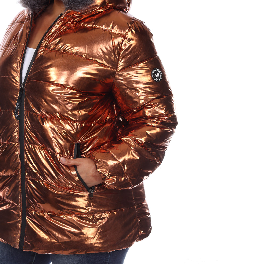 Women's Plus Size Metallic Puffer Coat with Hoodie