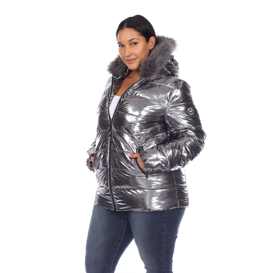 Women's Plus Size Metallic Puffer Coat with Hoodie