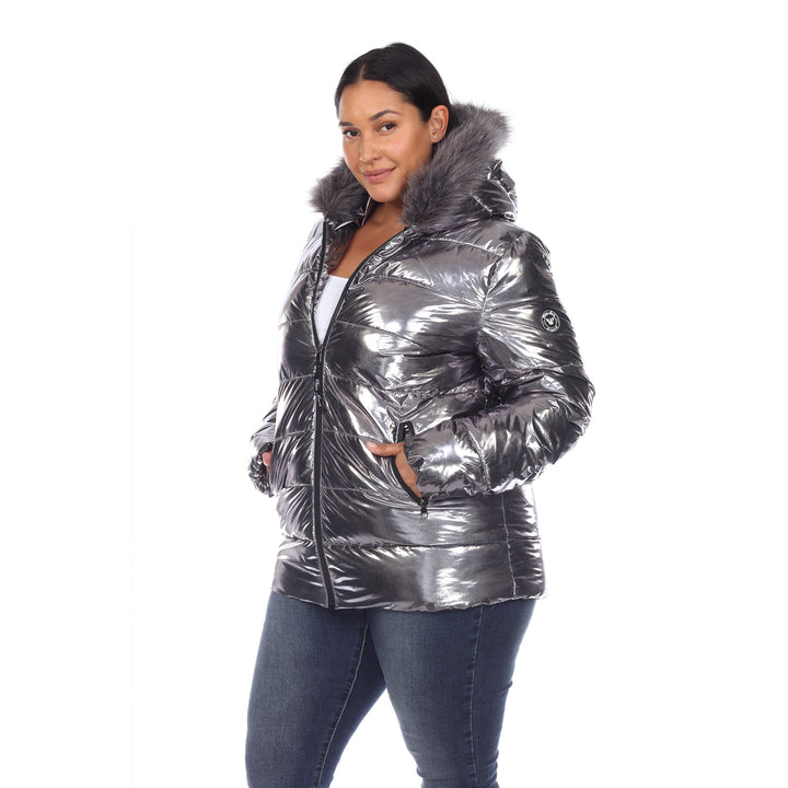 Women's Plus Size Metallic Puffer Coat with Hoodie