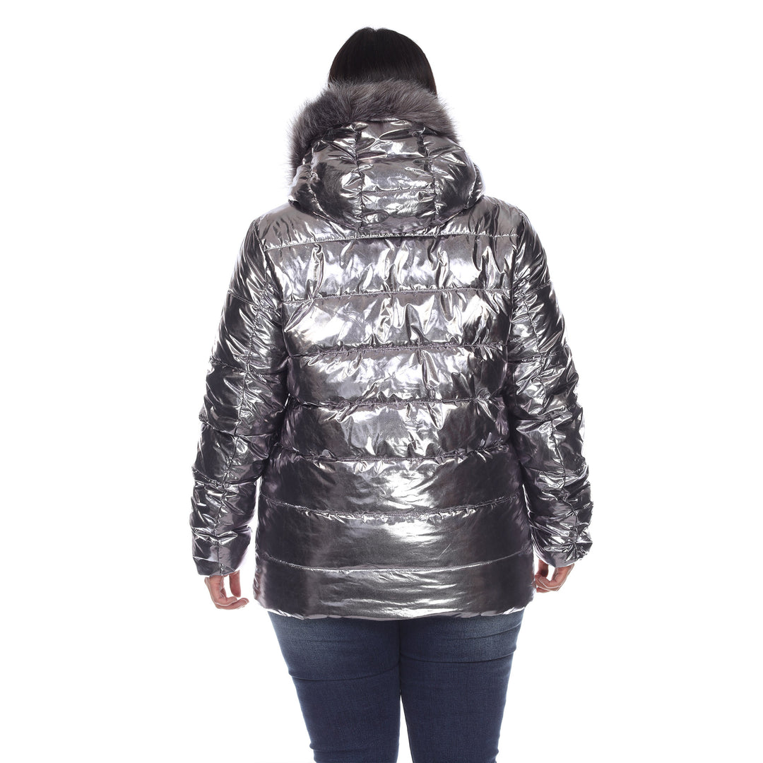 Women's Plus Size Metallic Puffer Coat with Hoodie