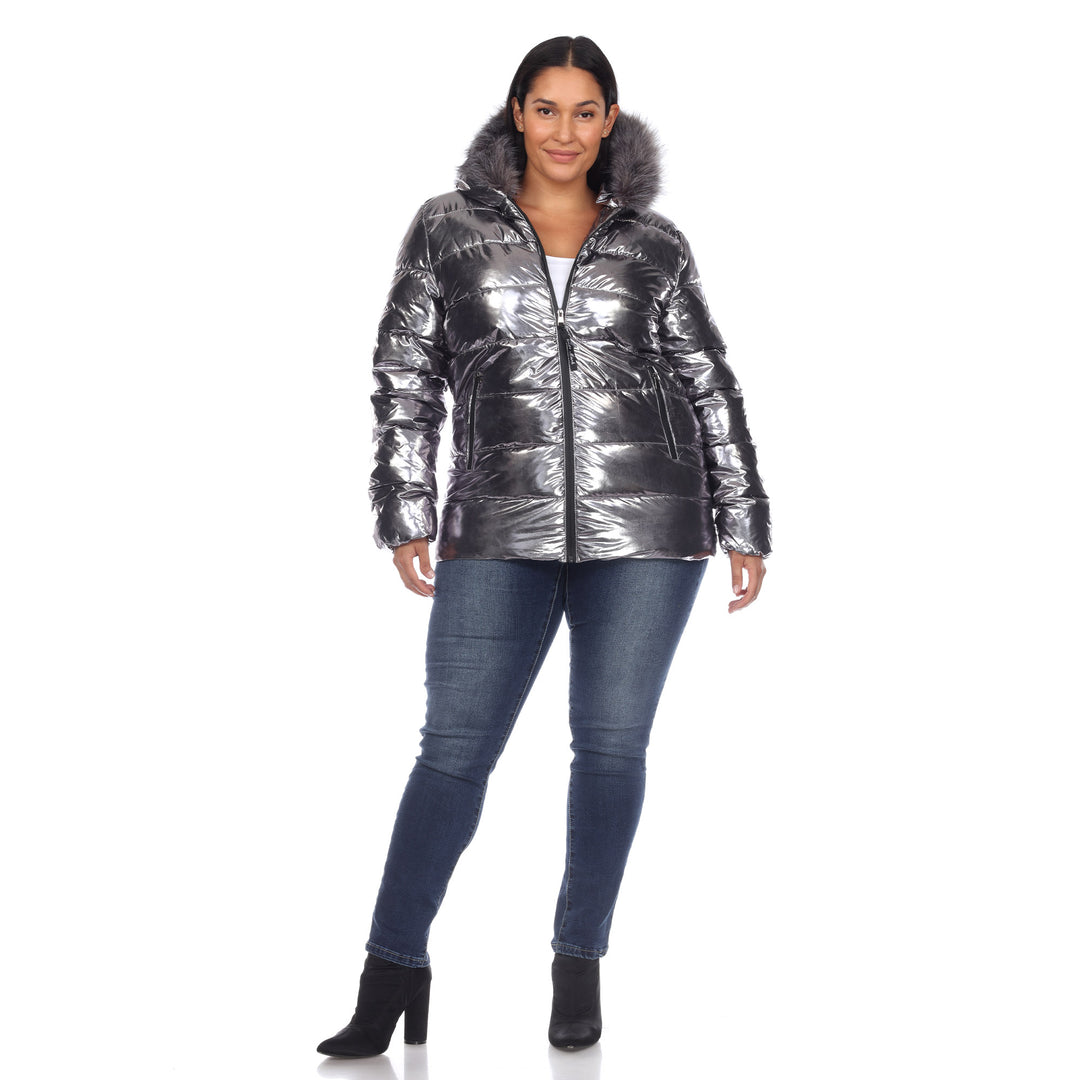 Women's Plus Size Metallic Puffer Coat with Hoodie