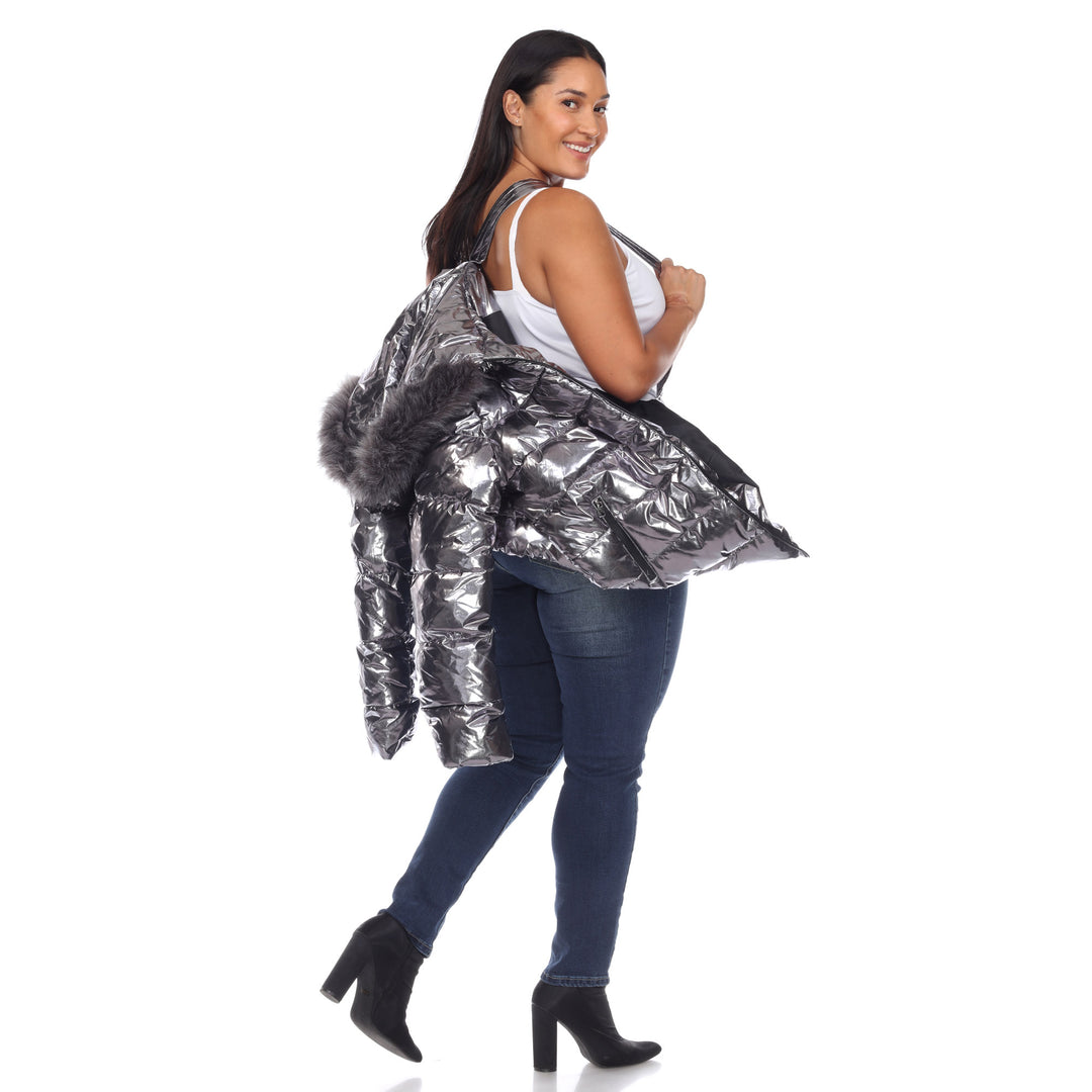 Women's Plus Size Metallic Puffer Coat with Hoodie