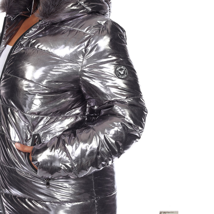 Women's Plus Size Metallic Puffer Coat with Hoodie