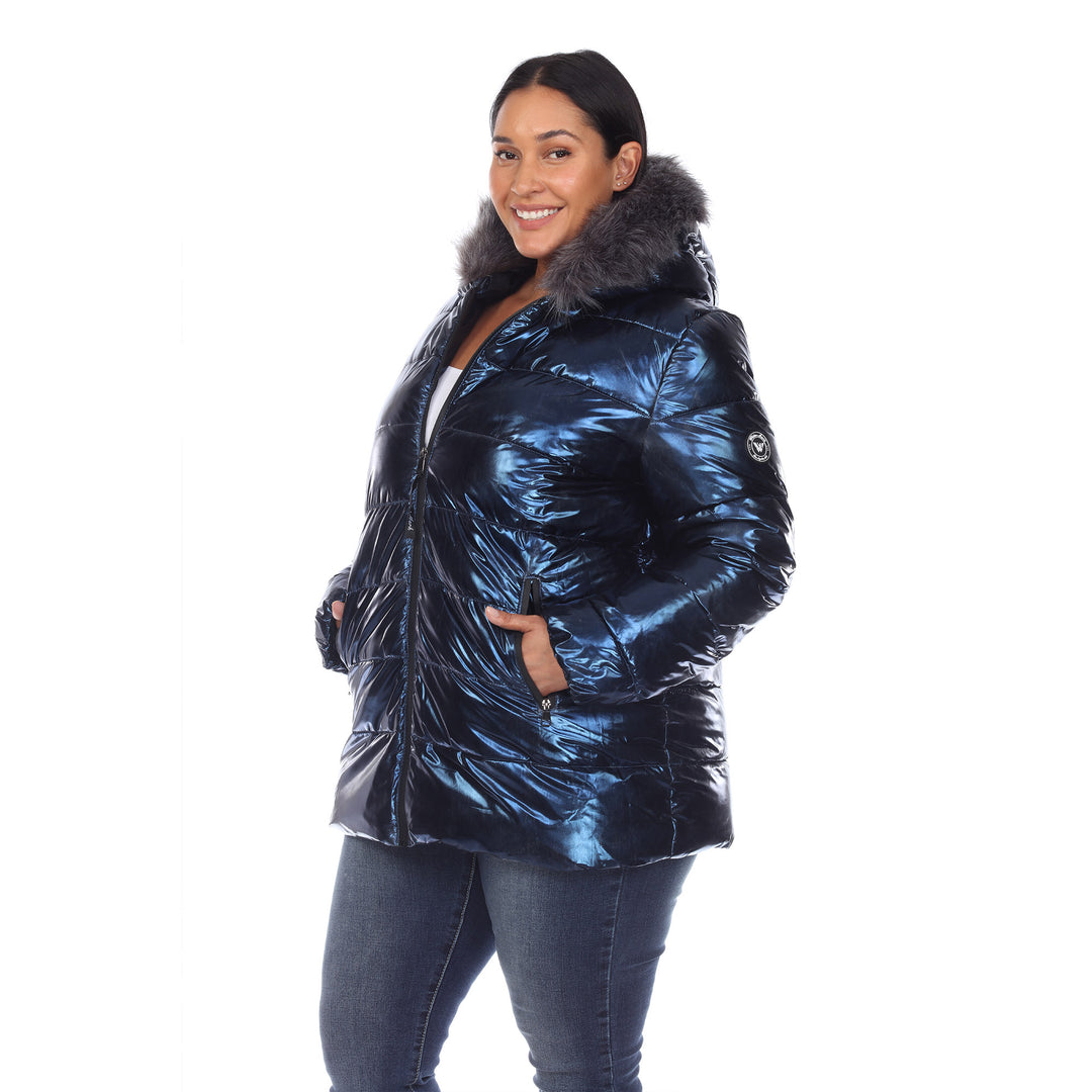 Women's Plus Size Metallic Puffer Coat with Hoodie