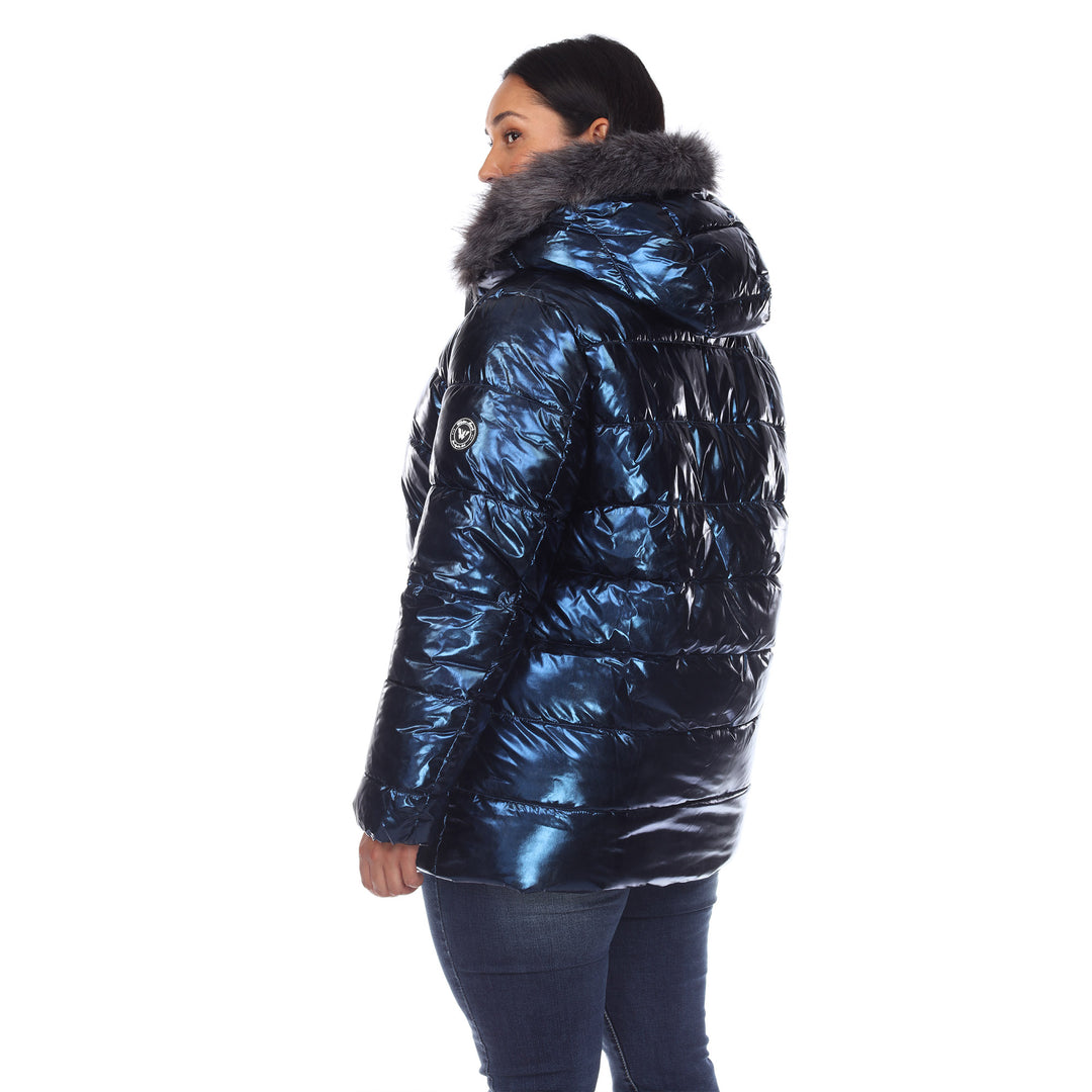 Women's Plus Size Metallic Puffer Coat with Hoodie